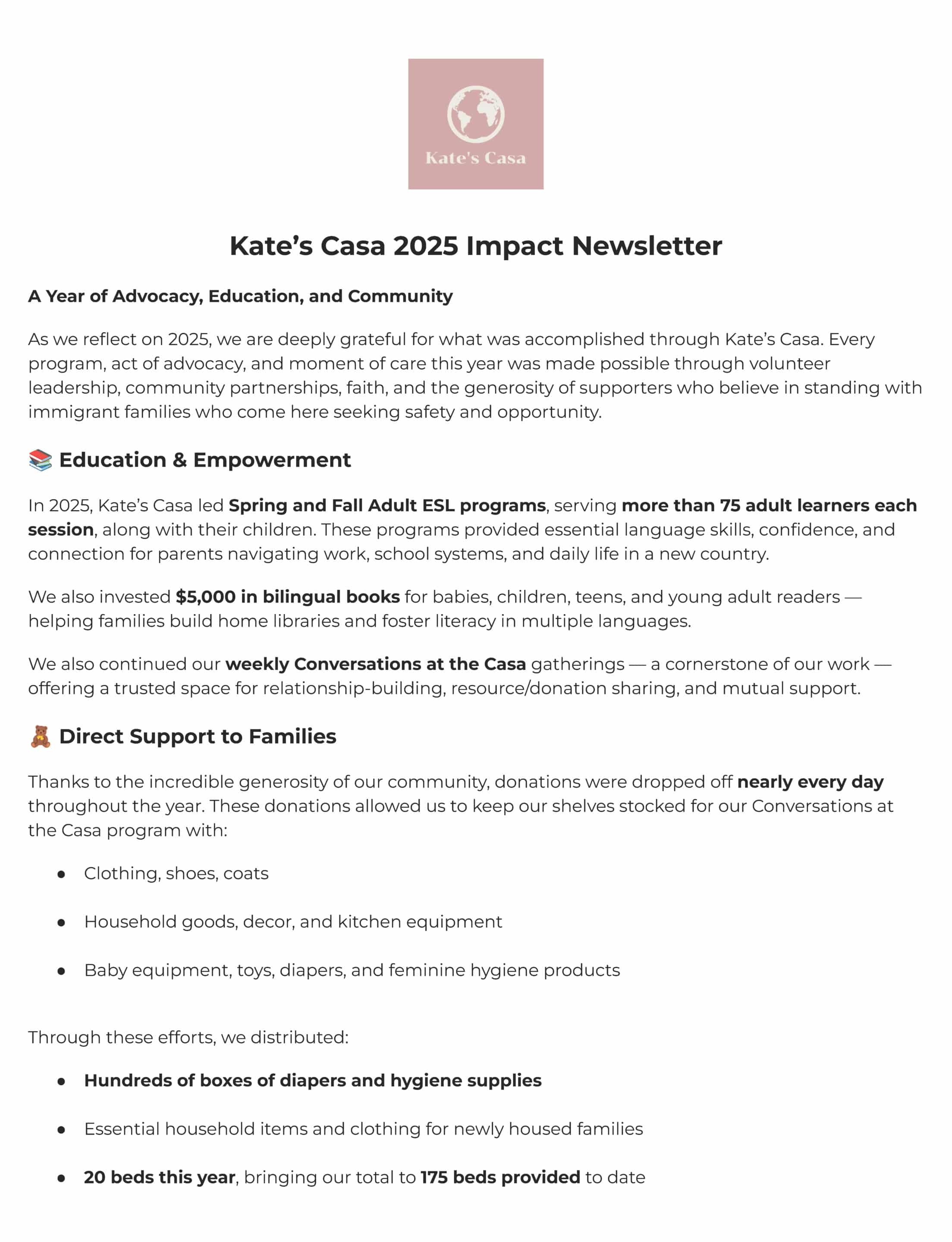 Kate’s Casa Impact Newsletter Page